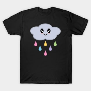 Kawaii Cute Rainbow Raindrop Rain Cloud in Black T-Shirt